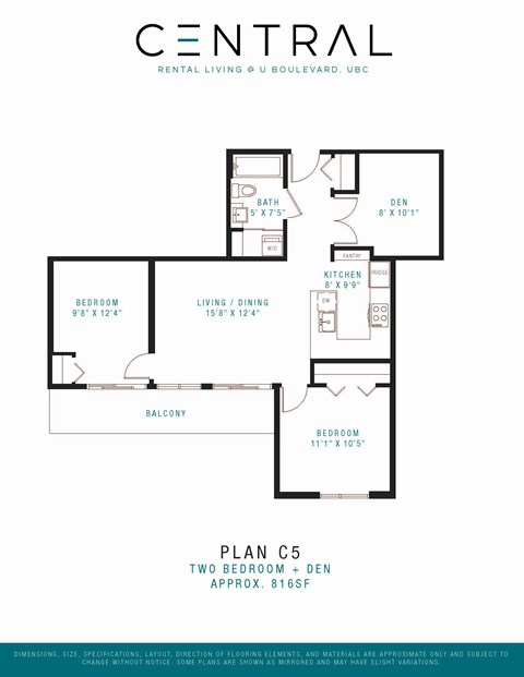 Floor plan for 2 beds, 1 bath, 816 sqft